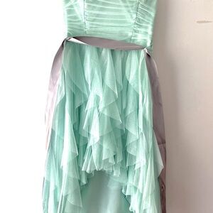 Party dress, seafoam or light aqua color layered high low not floor length